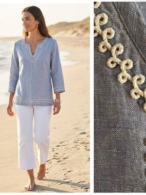 Vineyard Vines Blue Chambray Linen Wave Embroidered Tunic Small